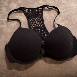 Cotton push up black front close bra with crochet back